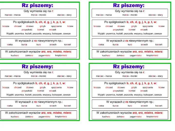 Tablice edukacyjne o pisowni "rz" po spółgłoskach, z przykładami wyrazów jak "brzoza", "chrzest", "rzeka", "burza", "kurz", "orzech", "korzeń", "kucharz", "żołnierz".