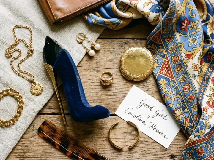Elegancki zestaw: perfumy damskie bucik, złota biżuteria, jedwabna apaszka i brązowy portfel.