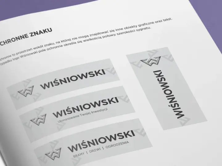 Logo Wiśniowski w kontrze, prezentujące różne warianty i zastosowania znaku.