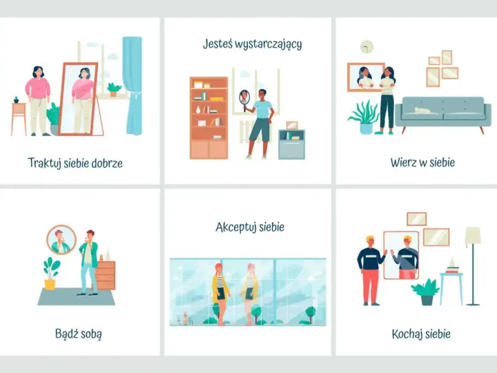 Ilustracje pokazują ludzi patrzących w lustro, ćwiczących, rozmawiających i relaksujących się, podkreślając budowanie poczucia własnej wartości.
