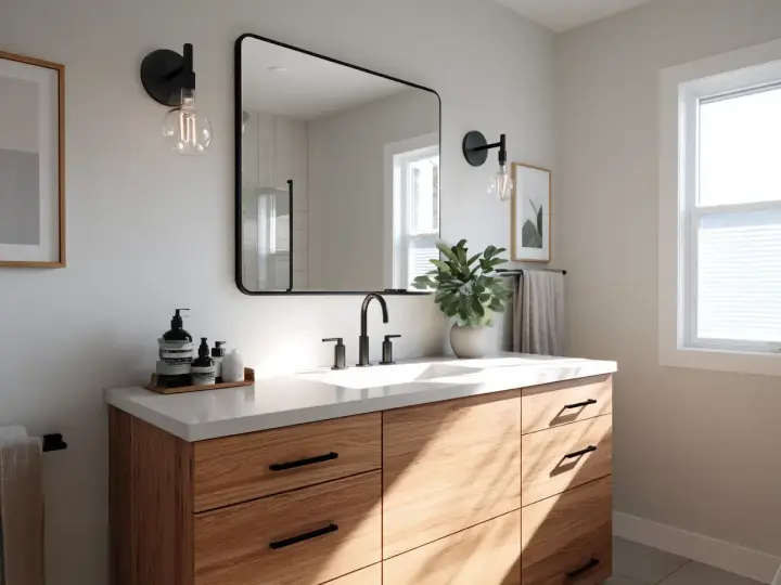 Une salle de bain moderne avec un meuble-lavabo en bois clair, un grand miroir, des luminaires industriels et une plante verte. Idéal pour peindre une salle de bain.