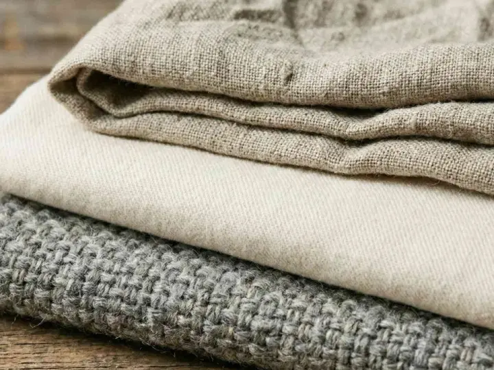 Tessuti impilati: lino grezzo, cotone chiaro e un tessuto grigio lavorato, che ricordano diversi tipi di velluto per la loro texture.