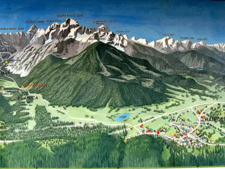 Planica, znana zmagovalnih skakalnic, je obdana z veličastnimi gorami, kot so Mangart, Jalovec in Visoka Ponca.