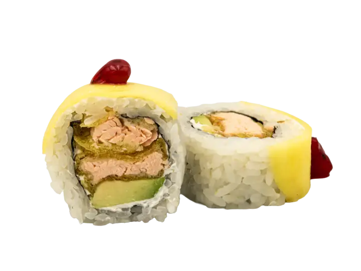 Dwa kawałki sushi z łososiem, awokado i żółtym serem, ozdobione czerwoną kropką. Jeden kawałek sushi mango jest przekrojony, ukazując wnętrze.