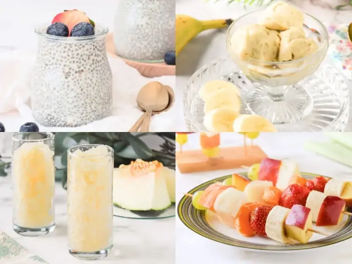 Postres saludables recetas: pudín de chía, helado de plátano, granizado de melón y brochetas de frutas.