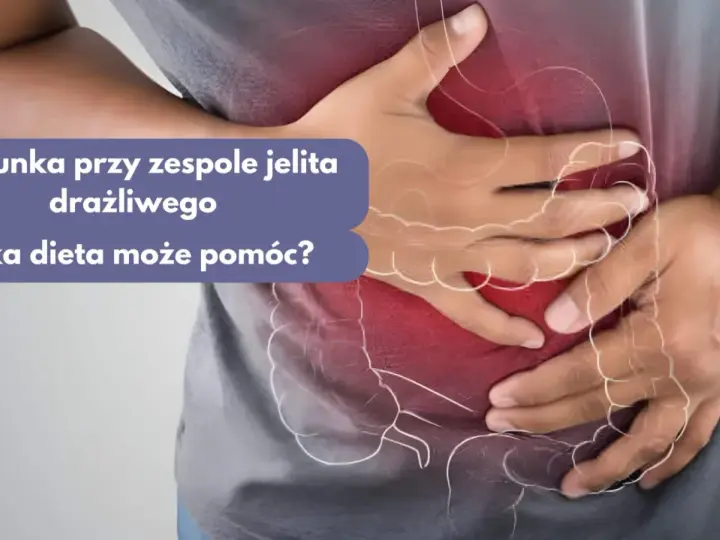 Osoba trzyma się za brzuch, gdzie widoczne są jelita. Tekst pyta: "Biegunkę przy zespole jelita drażliwego. Jaka dieta może pomóc?".