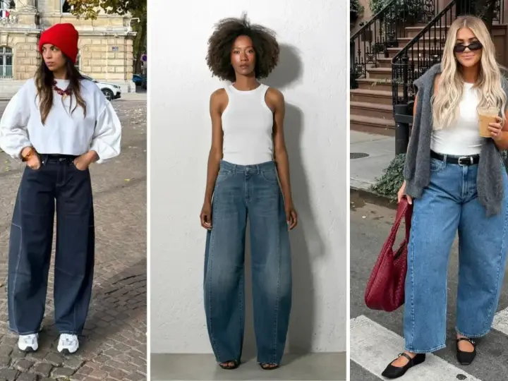 Trois femmes portent des jeans larges, un style décontracté et tendance. La forme de jean femme est mise en avant.