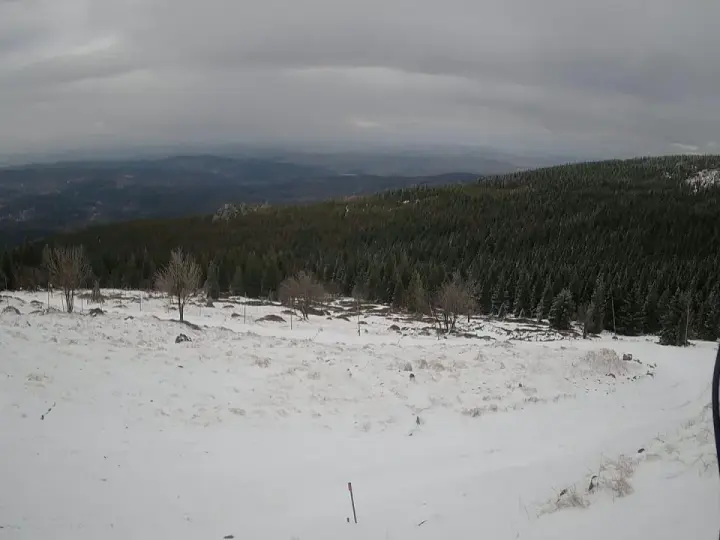 Zimowy krajobraz górski, pokryty śniegiem. W oddali las i mgliste wzgórza. Czy Śnieżka jest otwarta?
