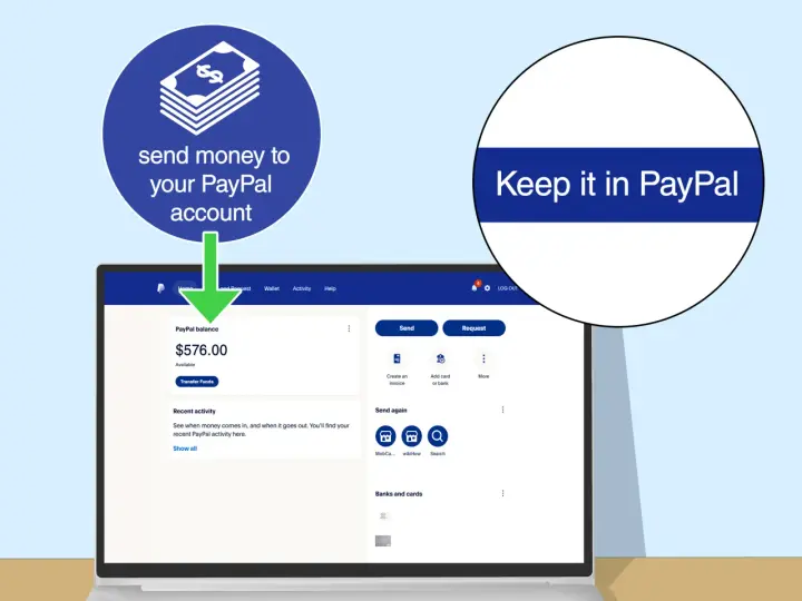 Schermata PayPal che mostra come ricaricare il tuo conto. Il saldo è di $576.00.