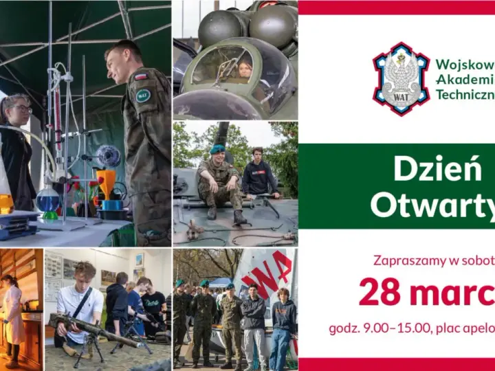 Kolaż zdjęć z Dnia Otwartego WAT: studenci, wojskowi, sprzęt, eksperymenty.