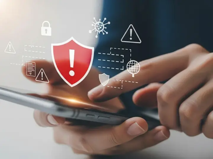 Dłonie trzymające smartfon, nad którym wyświetlają się ikony symbolizujące bezpieczeństwo i zagrożenia. Skuteczny antywirus na telefon chroni przed wirusami i atakami.
