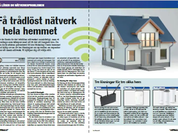 En bild på ett hus med en wifi-symbol och texten "Få trådlöst nätverk i hela hemmet". Nedanför visas en test router och andra nätverkslösningar.