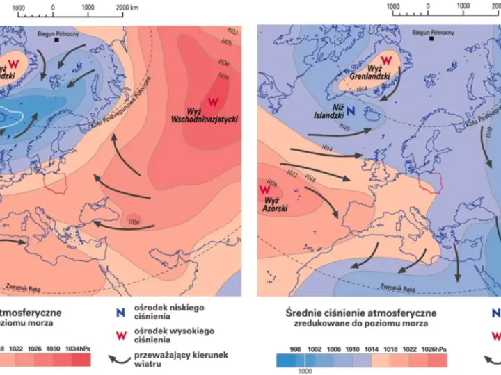Dwie mapy pokazują rozkład średniego ciśnienia atmosferycznego nad Europą i Arktyką. Widoczne są układy wysokiego i niskiego ciśnienia oraz kierunki wiatru.