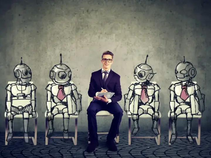 Młody człowiek w garniturze siedzi pośrodku rzędu robotów, przygotowując się do rozmowy kwalifikacyjnej. To wizja przyszłości i zawody przyszłości.