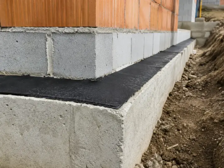 Budowa domu: widoczna izolacja pozioma fundamentów, beton, pustaki i cegła.