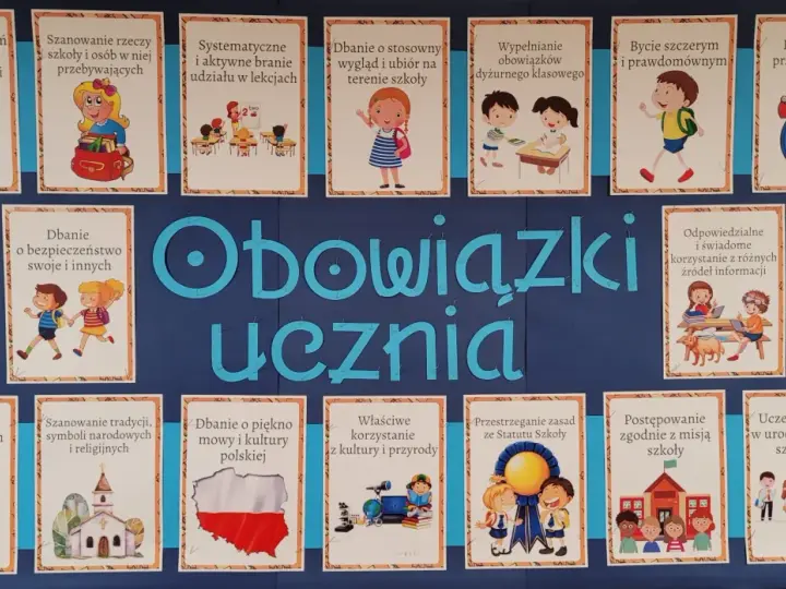 Tablica z ilustracjami przedstawiającymi obowiązki ucznia: punktualność, dbanie o bezpieczeństwo, szacunek, empatię i inne.