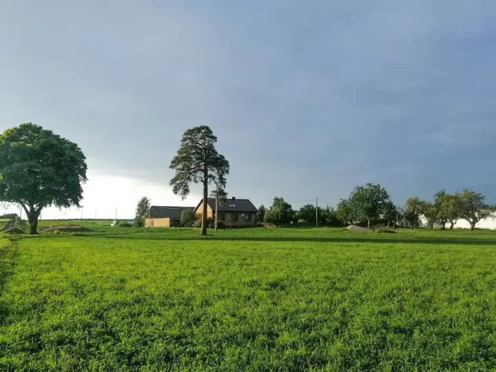 Zielone pole i domy wiejskie pod zachmurzonym niebem. Może to być krajobraz, gdzie rozważana jest opłata za wyłączenie gruntu z produkcji rolnej.