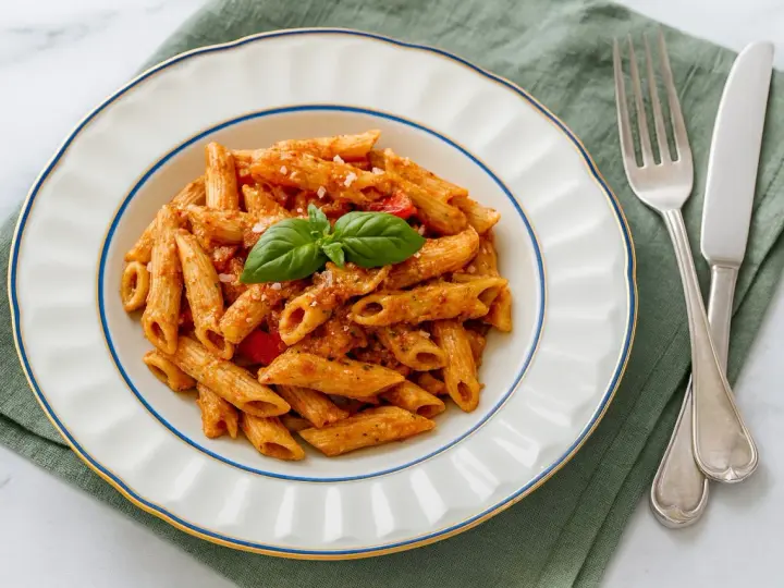Penne mit cremigem Pesto Rosso, garniert mit Basilikum und Parmesan. Ein köstliches Gericht, das Lust auf mehr macht.