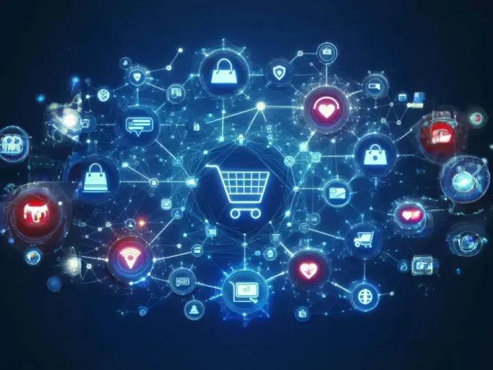 Rete di icone digitali con carrello al centro, che illustra i vantaggi e-commerce: acquisti, pagamenti sicuri, spedizioni e connessioni globali.