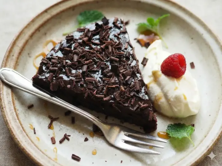 En bit glutenfri kladdkaka toppad med chokladspån, serverad med vispad grädde, hallon och mynta.
