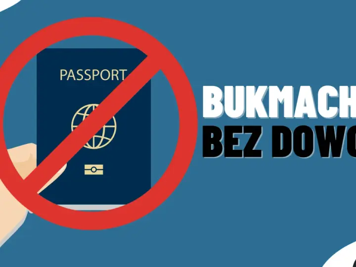 Dłoń trzyma paszport przekreślony na czerwono. Napis "BUKMACHER BEZ DOWODU" informuje o zakazie.