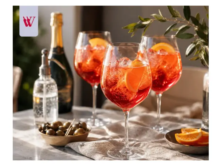 Idealny Campari Spritz przepis na letnie popołudnie. Trzy kieliszki pełne orzeźwiającego drinka z pomarańczą i lodem.