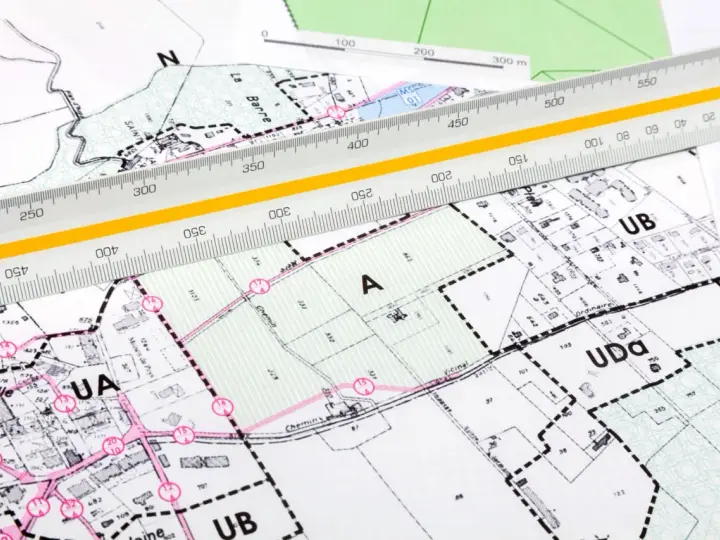 Plan zagospodarowania przestrzennego online: szczegółowe mapy z podziałem na działki i oznaczeniami stref, linijka geodezyjna do pomiarów.