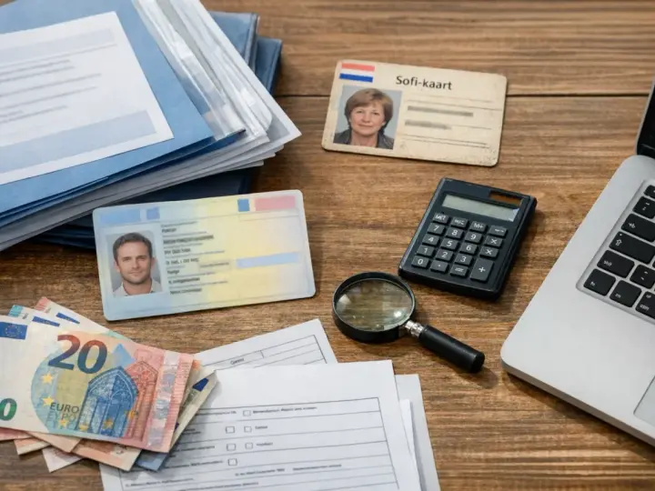 Dokumenty, pieniądze i kalkulator na biurku. Widoczny jest Sofi-kaart, dowód osobisty, euro i formularze, które mogą być związane z numerem podatkowym Holandia.
