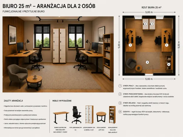 Jak urządzić biuro dla dwóch osób: funkcjonalne stanowiska pracy, strefa relaksu, praktyczne lockery i regał na dokumenty.