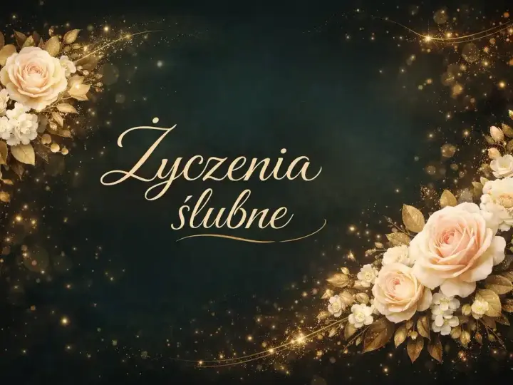 Eleganckie życzenia ślubne od serca, ozdobione kremowymi różami i złotymi listkami, otoczone migoczącymi iskierkami.