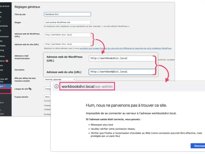 Interface WordPress montrant les réglages généraux pour changer l'URL du site. Une erreur indique que le site n'est pas accessible à l'adresse saisie.