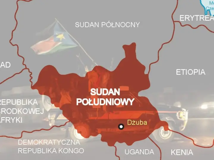 Mapa Afryki: Sudan Południowy, otoczony przez Sudan Północny, Czad, Republikę Środkowej Afryki, Demokratyczną Republikę Kongo, Ugandę, Kenię, Etiopię i Erytreę.