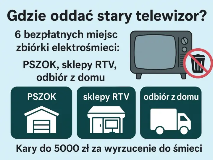 Grafika przedstawia stary telewizor z przekreślonym koszem na śmieci oraz ikony PSZOK, sklepów RTV i odbioru z domu.