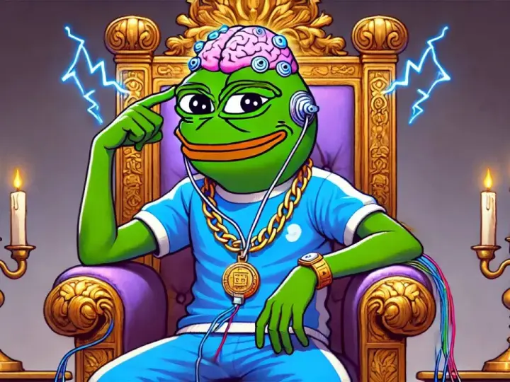 Pepe z mózgiem podłączonym do tronu, w złotym łańcuchu i słuchawkach, symbolizuje potęgę pepe usd.