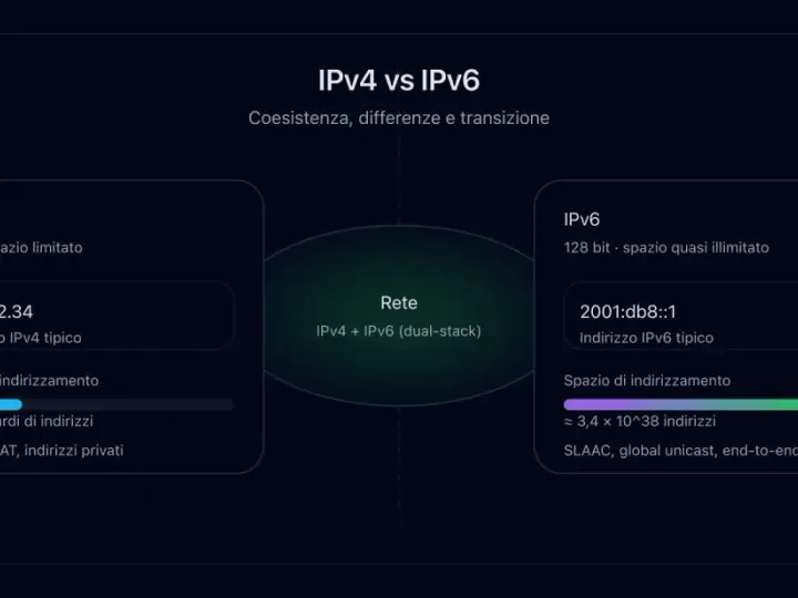 Confronto tra IPv4 (spazio limitato) e IPv6 (spazio quasi illimitato), con esempi di indirizzi e caratteristiche.