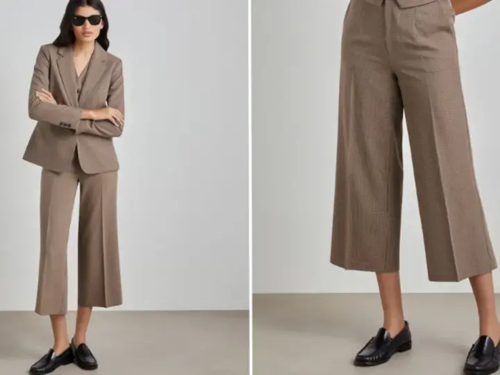 Mujer con traje de cuadros marrones y zapatos negros. Los pantalones tobilleros lucen geniales con estos zapatos.