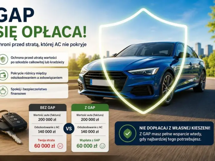 Ubezpieczenie GAP chroni przed utratą wartości auta po szkodzie całkowitej lub kradzieży, zapewniając spokój finansowy.