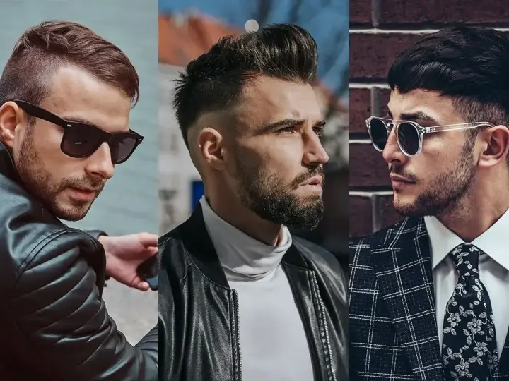 Trzech mężczyzn w stylowych fryzurach. Jeden z nich ma modną french crop, drugi zaczesane włosy do góry, a trzeci krótkie włosy z grzywką.