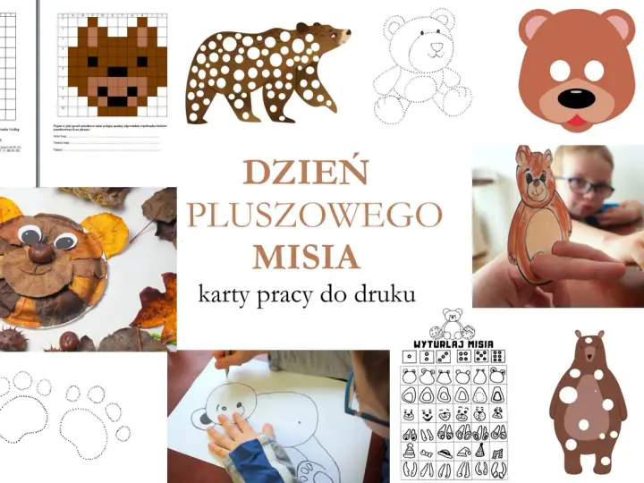 Kolaż z różnymi wizerunkami misiów: rysunki, maska, misie z liści, karty pracy.