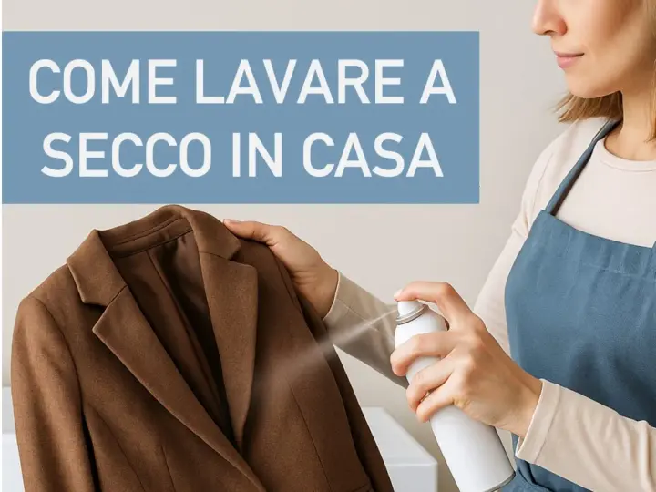 Donna spruzza un blazer marrone con uno spray per il lavaggio a secco in casa.