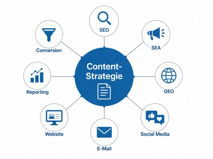 Diagramm zeigt die Elemente einer Content-Strategie: SEO, SEA, GEO, Social Media, E-Mail, Website, Reporting und Conversion. Content Optimierung ist der Schlüssel.