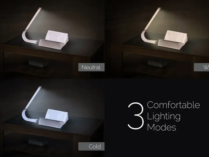 Modern usb lampa med tre ljuslägen: neutral, varm och kall. Perfekt för läsning och arbete.