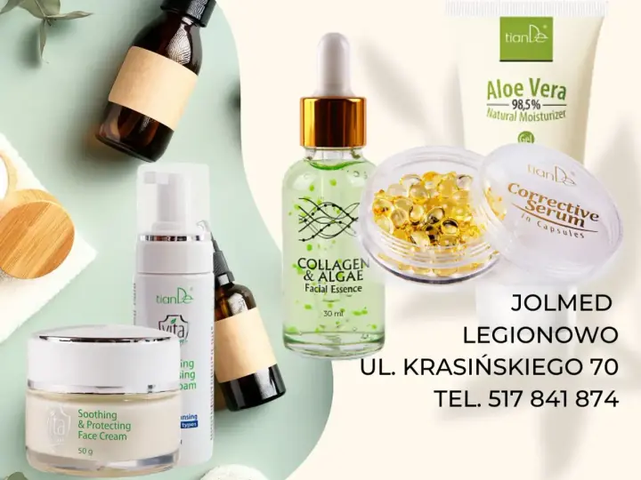 Zestaw kosmetyków TianDe: krem, serum, żel z aloesem, esencja z kolagenem i algami. W składzie niektórych produktów może znajdować się alcohol denat.