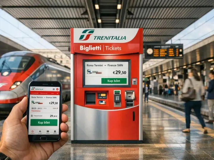 Ręka trzyma smartfon z aplikacją Trenitalia, obok biletomat na peronie. Szybkie pociągi we Włoszech czekają na pasażerów.