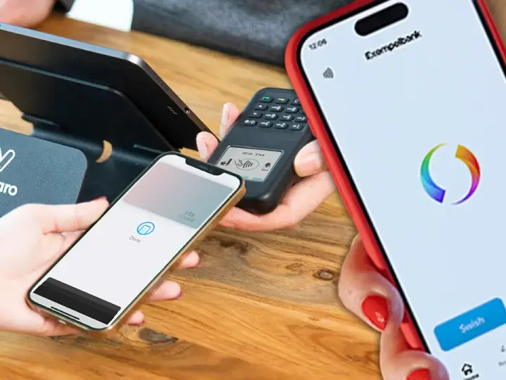 Betalning sker via mobil. En telefon visar "Done" och en annan har en bankapp med Swish-knapp.