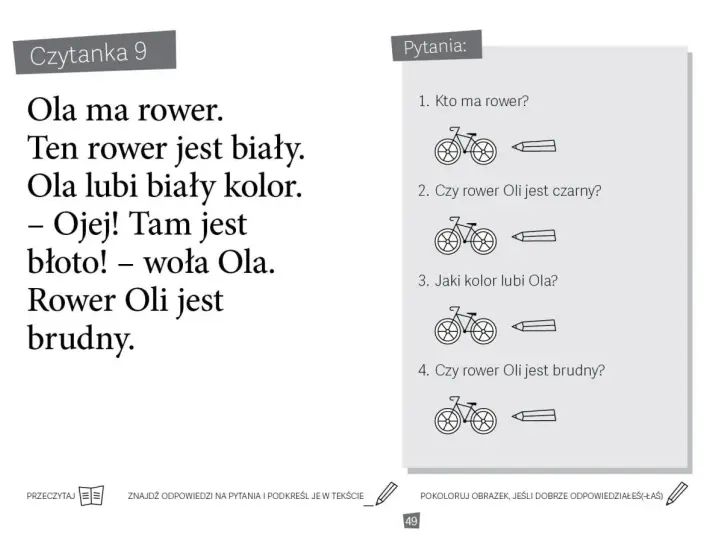 Ćwiczenie do nauki czytania ze zrozumieniem: tekst o Oli i jej rowerze, pytania sprawdzające zrozumienie, obrazki rowerów.