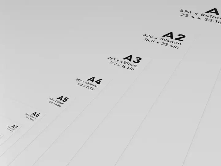 Series de tamaños de papel A, desde A1 hasta A8, mostrando la progresión de cada mida foli.