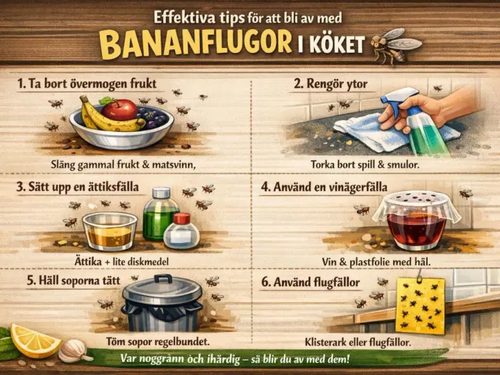 Effektiva tips för att bli av med bananflugor i köket: ta bort övermogen frukt, rengör ytor, sätt upp fällor med ättika eller vin. Töm soporna.