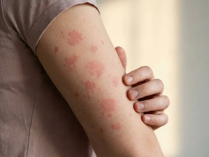 Arm mit roten Flecken auf der Haut, die auf eine allergische Reaktion oder Hautirritation hindeuten.
