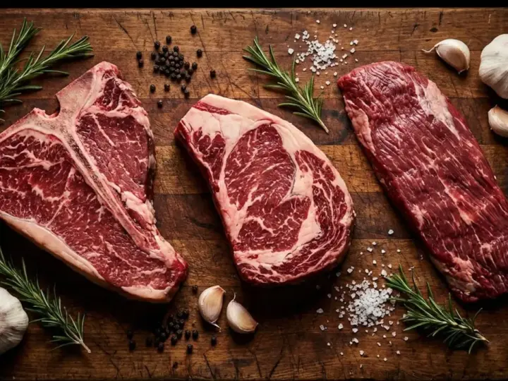 Tre succulenti tagli di carne per una perfetta grigliata: T-bone, costata e scamone, con rosmarino, aglio e sale grosso.